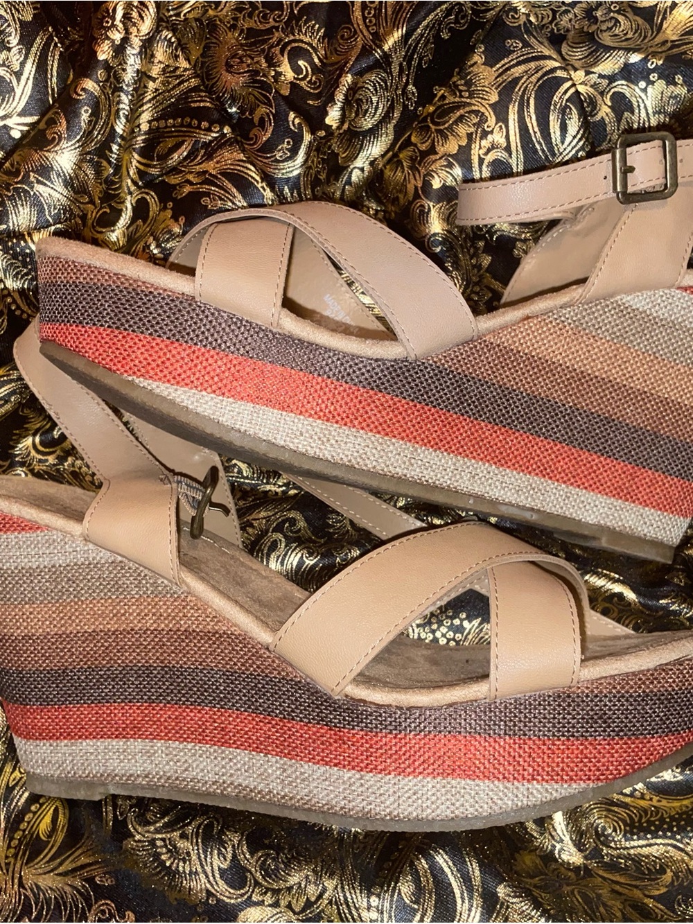 Neutral Tan Strappy Wedge Sandals with Multicolor Stripe Platform